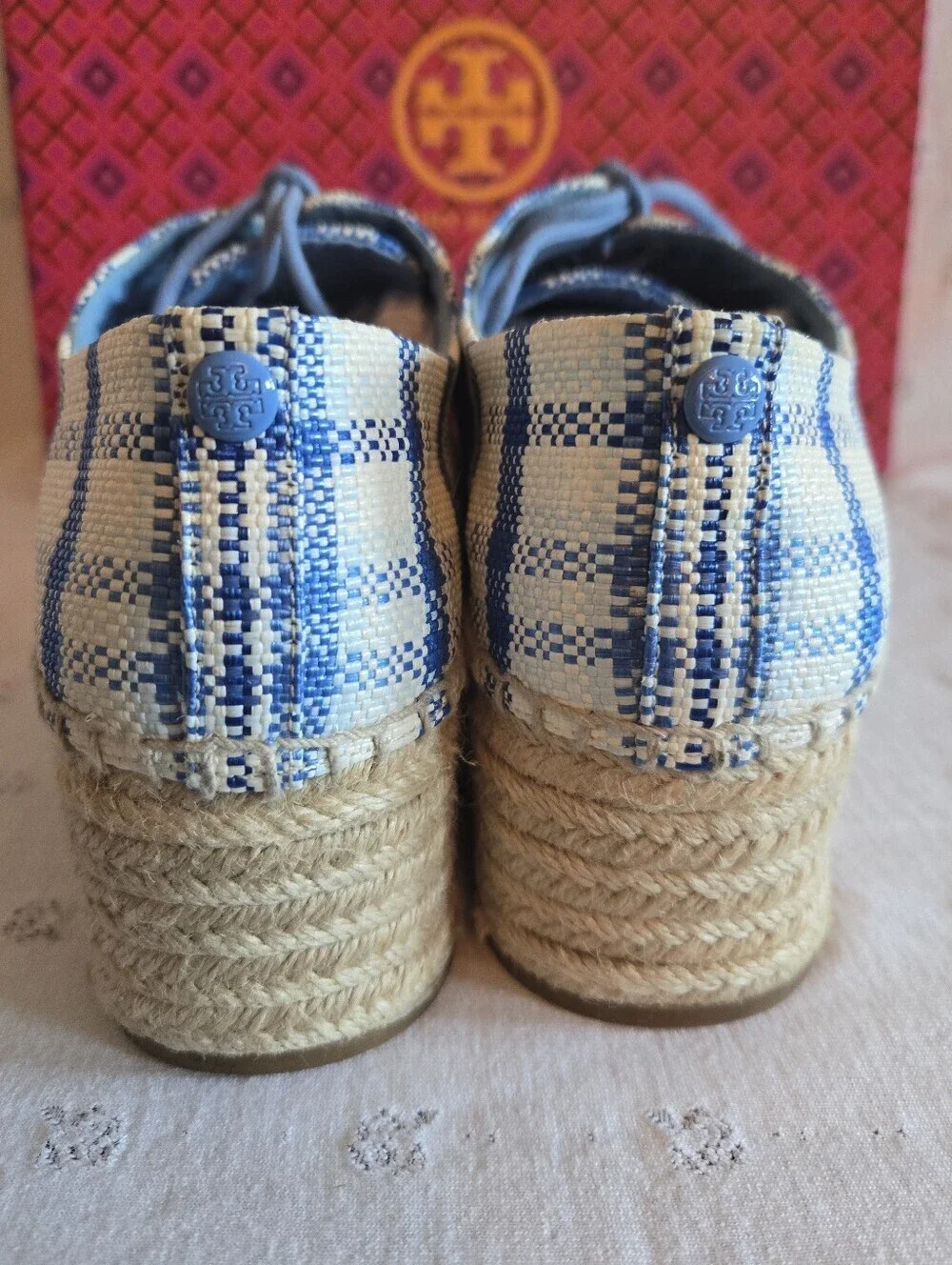 Tory Burch Blue and Cream Plaid Platform Espadrille Lace-Up Shoes Size 9